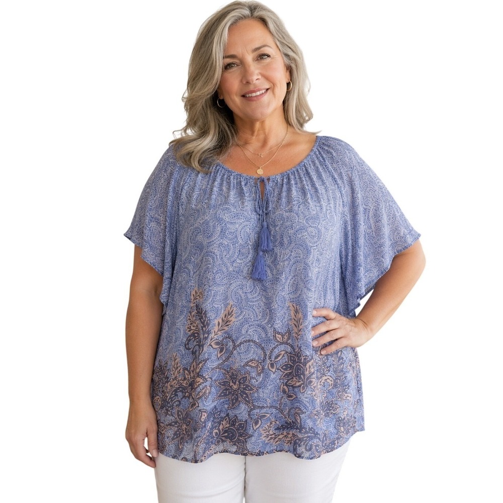 Evans Floral Spiral Tunic Top Womens 24 Paisley Floral Print Boho‎ Tassels Blue
